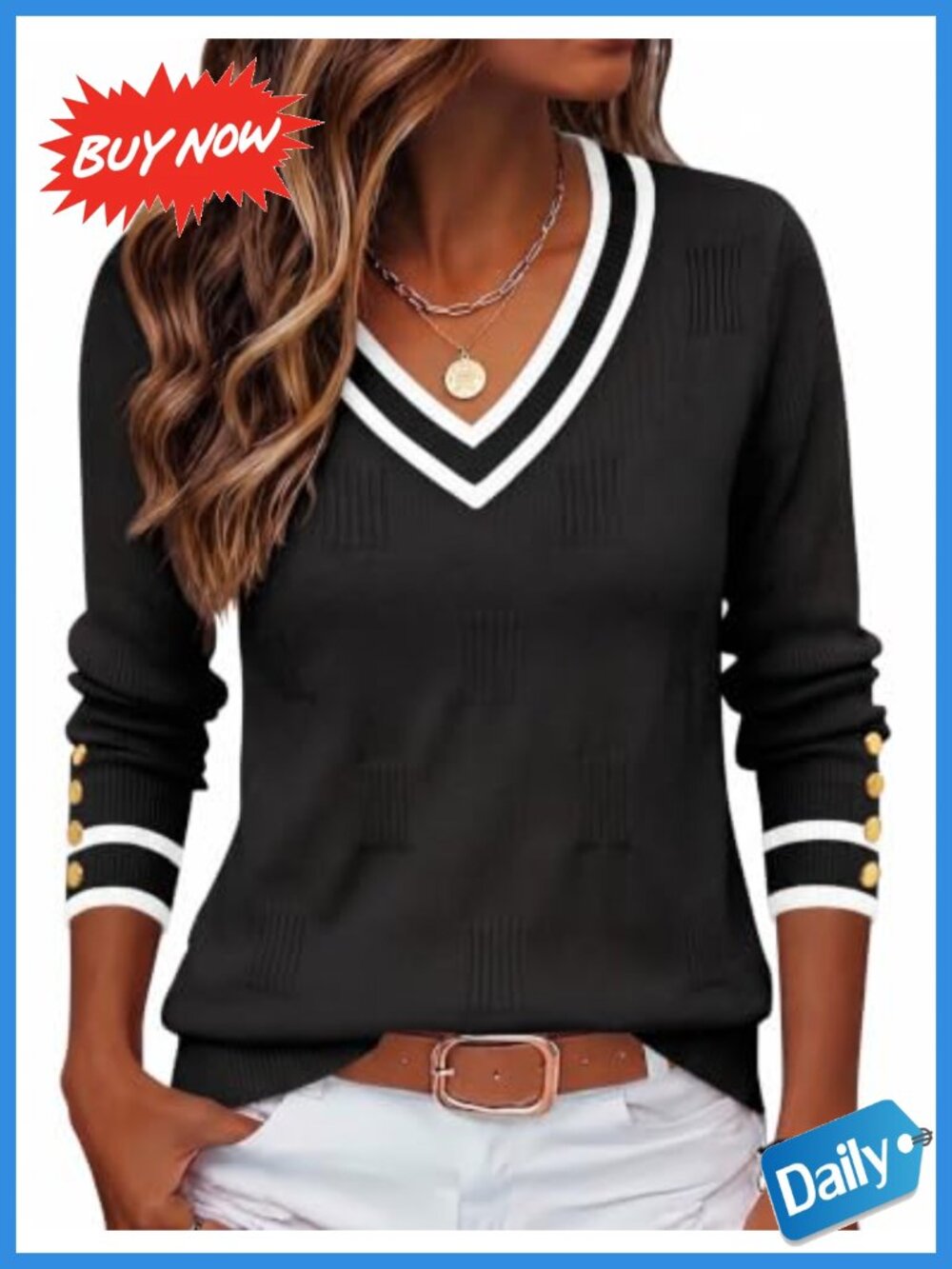Women's V-Neck Sweater Ribbed Knit Pullover with Button Cuffs